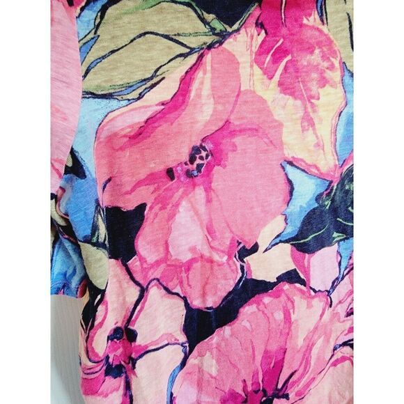 Chico's‎ 1 Linen Blouse Top Size M Pink Blue Floral Hibiscus Short Sleeve Rouche - Picture 5 of 7